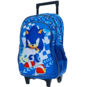 Un sac a dos a roulettes bleu pour enfant à l'effigie du personnage Sonic le Hérisson avec sa poignée télescopique dépliée.