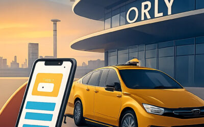 Illustration d’un taxi réservé à l’avance pour Orly, dans une ambiance moderne et rassurante. L’image évoque la simplicité de réservation et la transparence du prix.