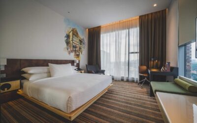 Une chambre moderne avec lit king, canapé vert, bureau et vue grande fenêtre