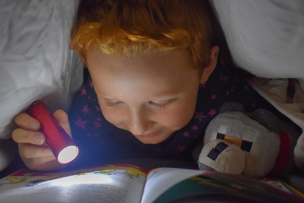 Enfant sous couette, lampe torche éclaire un livre ouvert